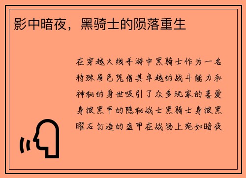 影中暗夜，黑骑士的陨落重生